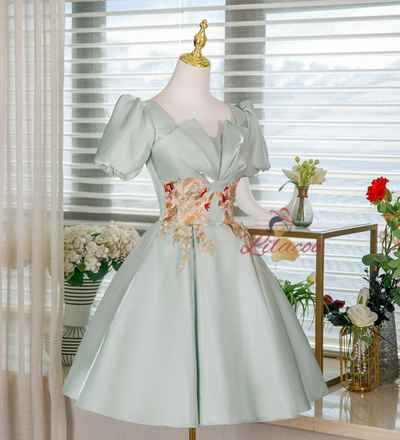 Green Puff Sleeve Appliques Homecoming Dress