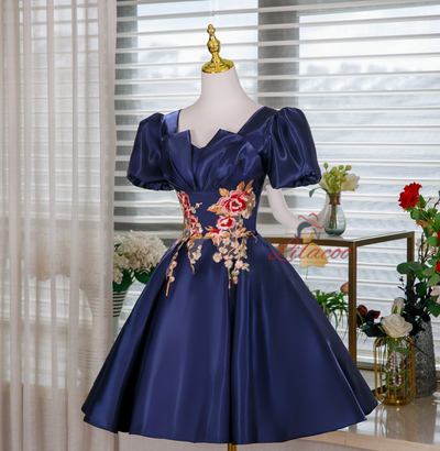 Navy Blue Short Sleeve Homecoming Dress