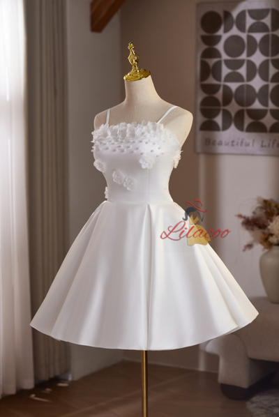 White Satin Straps Flower Pearls Homecoming Dress