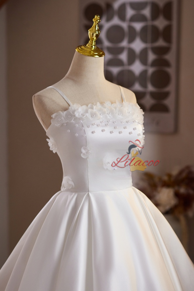 White Satin Straps Flower Pearls Homecoming Dress