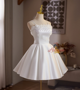 White Satin Straps Flower Pearls Homecoming Dress