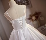 White Satin Straps Flower Pearls Homecoming Dress