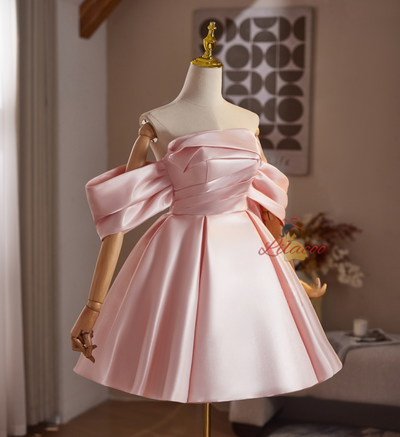 Pink Satin Off the Shoulder Pleats Homecoming Dress