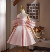Pink Satin Off the Shoulder Pleats Homecoming Dress