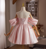 Pink Satin Off the Shoulder Pleats Homecoming Dress
