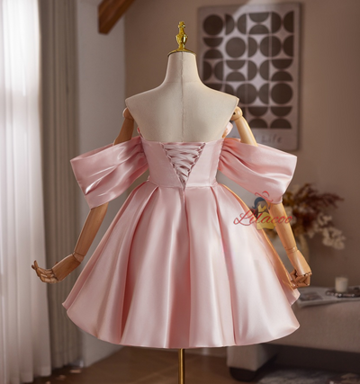 Pink Satin Off the Shoulder Pleats Homecoming Dress