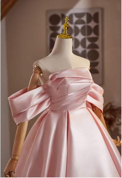 Pink Satin Off the Shoulder Pleats Homecoming Dress