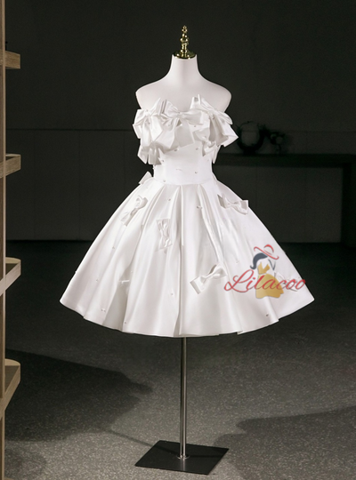 White Satin Strapless Bow Homecoming Dress