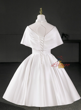White Satin High Neck Pleats Wedding Dress