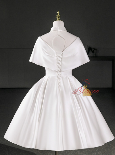 White Satin High Neck Pleats Wedding Dress