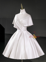 White Satin High Neck Pleats Wedding Dress