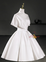 White Satin High Neck Pleats Wedding Dress