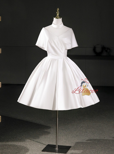 White Satin High Neck Pleats Wedding Dress