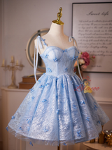 Blue Lace Sequins Straps Butterfly Homecoming Dress