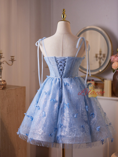 Blue Lace Sequins Straps Butterfly Homecoming Dress