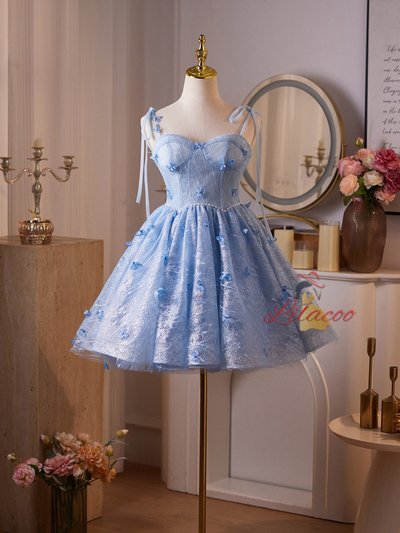 Blue Lace Sequins Straps Butterfly Homecoming Dress