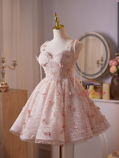 Pink Lace Straps Butterfly Homecoming Dress