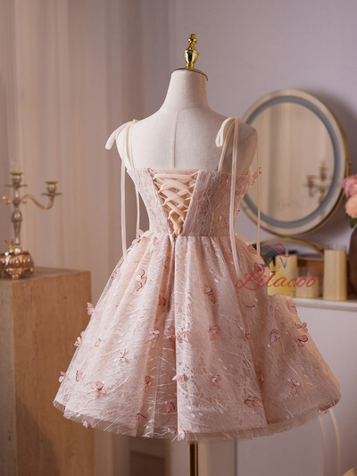 Pink Lace Straps Butterfly Homecoming Dress