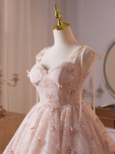 Pink Lace Straps Butterfly Homecoming Dress