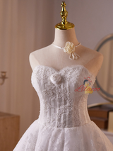 White Tulle Lace Strapless Flower Homecoming Dress