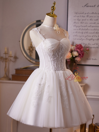 White Tulle Straps Appliques Beading Homecoming Dress