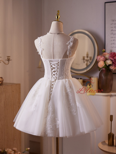 White Tulle Straps Appliques Beading Homecoming Dress