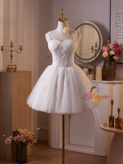 White Tulle Straps Appliques Beading Homecoming Dress