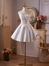 White Satin Strapless Lace Appliques Homecoming Dress