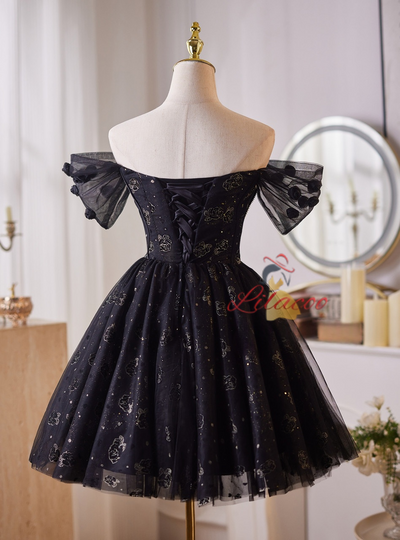 Black Tulle Off the Shoulder Crystal Homecoming Dress