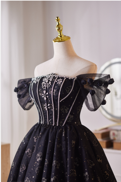 Black Tulle Off the Shoulder Crystal Homecoming Dress