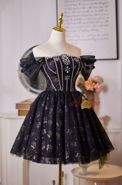 Black Tulle Off the Shoulder Crystal Homecoming Dress