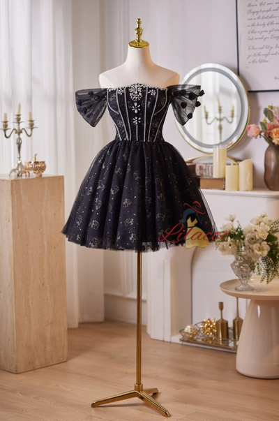 Black Tulle Off the Shoulder Crystal Homecoming Dress