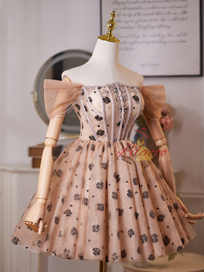 Champagne Tulle Crystal Beading Homecoming Dress