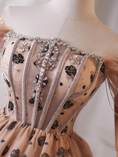 Champagne Tulle Crystal Beading Homecoming Dress