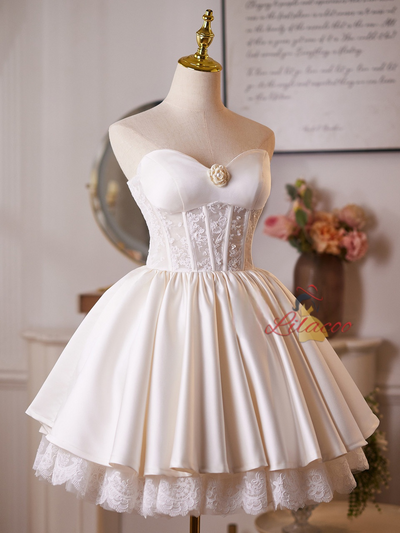 Beige White Satin Lace Homecoming Dress