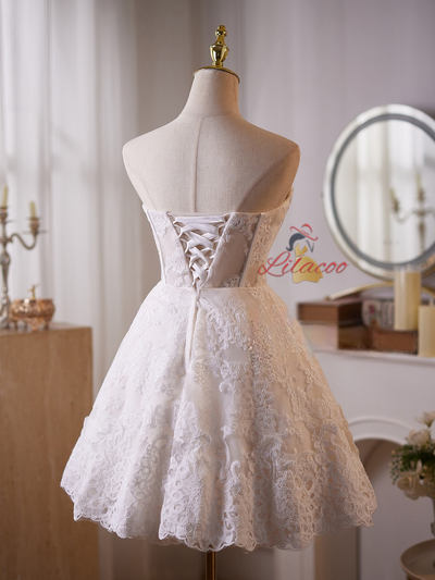 White Lace Strapless Pearls Homecoming Dress