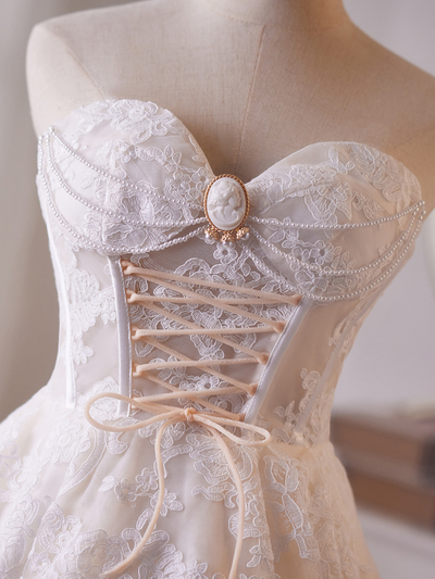 White Lace Strapless Pearls Homecoming Dress