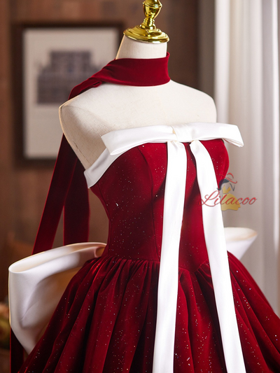 Burgundy Velvet Strapless Bow Homecoming Dress