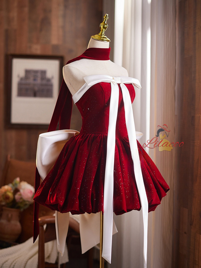 Burgundy Velvet Strapless Bow Homecoming Dress