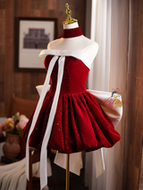 Burgundy Velvet Strapless Bow Homecoming Dress
