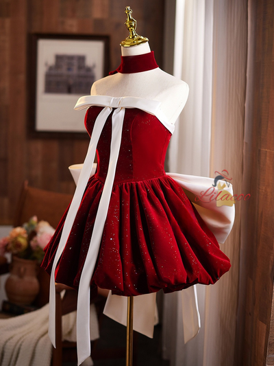 Burgundy Velvet Strapless Bow Homecoming Dress