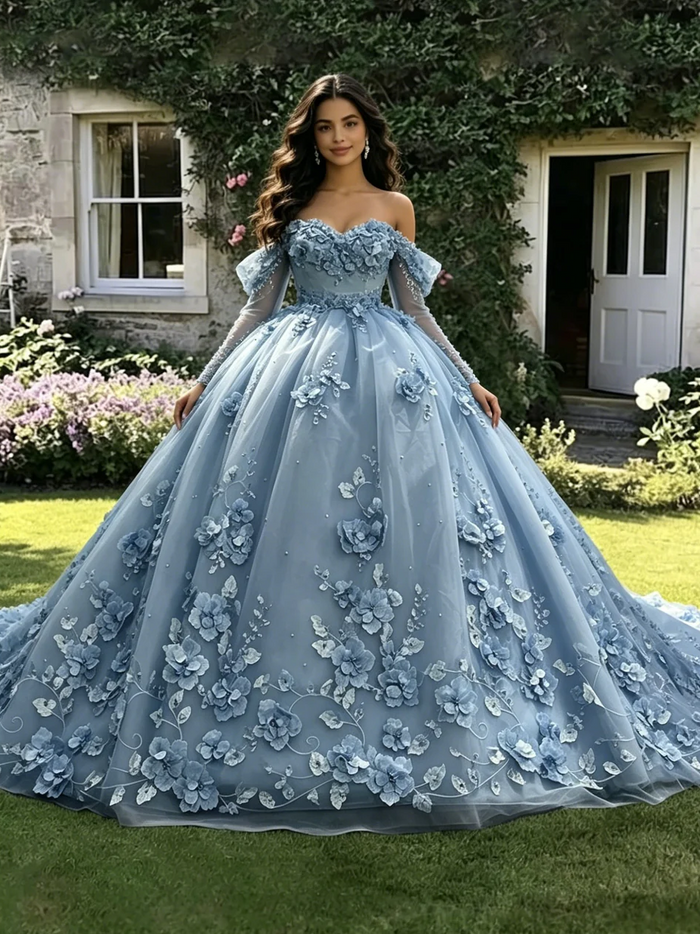 Blue Tulle 3D Appliques Long Sleeve Quinceanera Dress