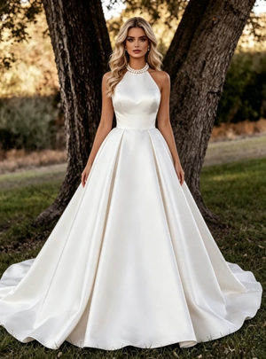 White Satin Halter Backless Wedding Dress