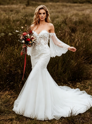 White Mermaid Tulle Appliques Wedding Dress