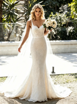 White Mermaid Lace Straps Wedding Dress