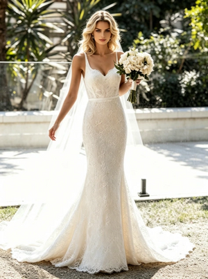White Mermaid Lace Straps Wedding Dress