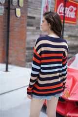 Rainbow Striped Round Neck Long Sleeve Sweater