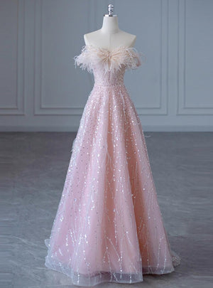 Pink Sequins Off the Shoulder Pearls Prom Dress