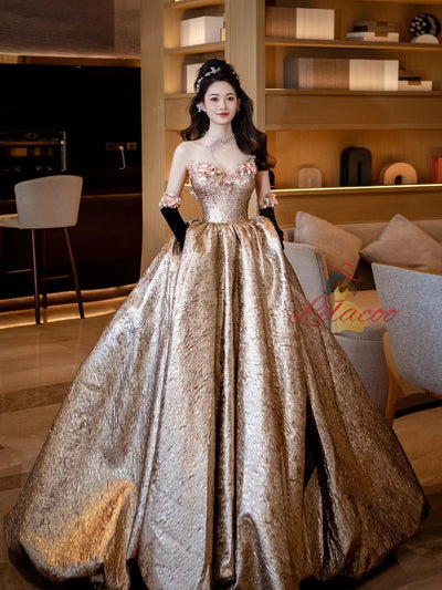Champagne Gold Off the Shoulder Flower Prom Dress