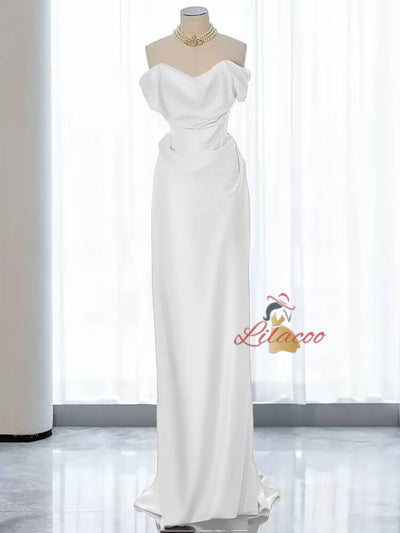 Pink Satin Off the Shoulder Pleats Prom Dress